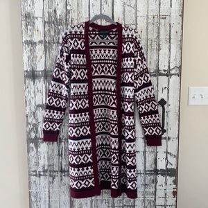 Maroon white tribal pattern duster sweater